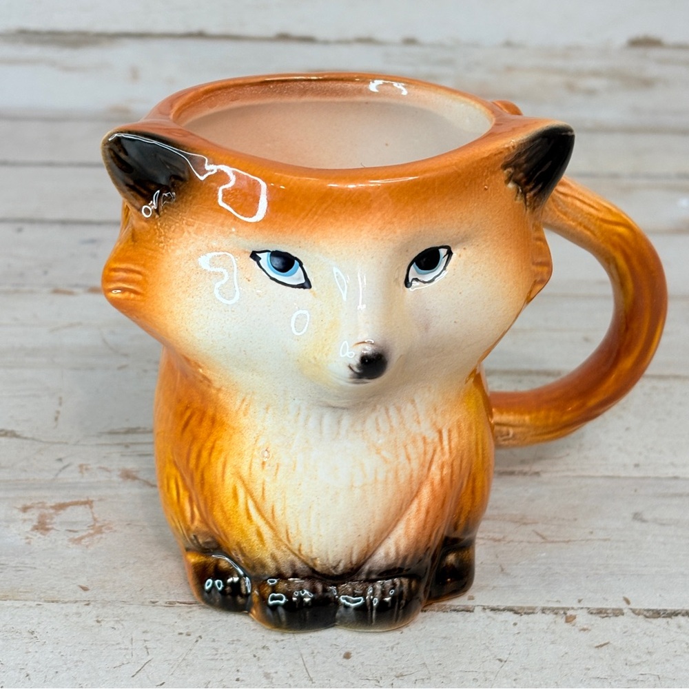 Vintage Coffee Tea Mug Cup Orange White Fox Blue Eye Ear Tail 3D Ceramic Animal